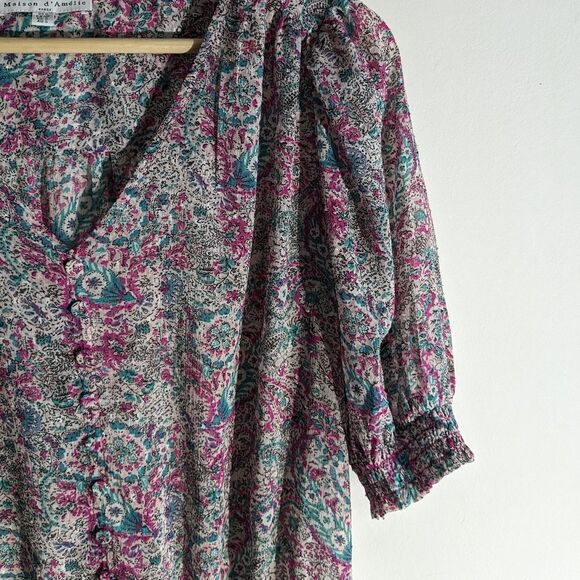 Maison d' Amelie Smocked Paisley Print Chiffon Blouse Top Women's Size Small - Picture 3 of 8